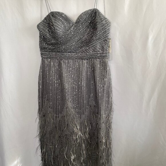 Aidan Mattox Silver Grey Sequin Feather Sexy Wedding Evening Gown Size 12 - Picture 1 of 14
